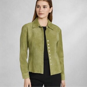 Aria Leather Womens Jacket Size L Green Florsl  Button-Up Mid-Length Casual